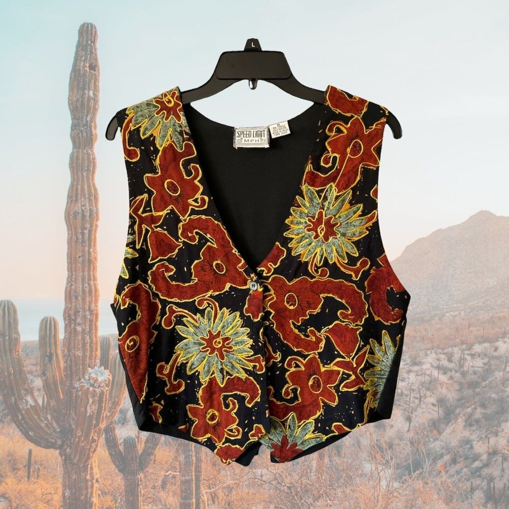 Black Vest, Brick Sage Stitched Yellow Outline SPEED LIMIT 4 Button Size M VTG